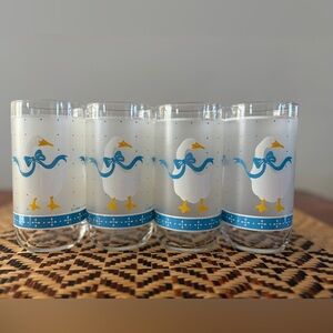 4 Cottagecore Drinking Glasses Blue Bow Goose Frosted Glass Vintage Granny